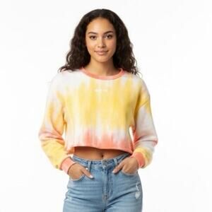 White Fox Active Tie Dye Crop Sweatshirt Size Small Yellow Pink LE! Boho Cozy